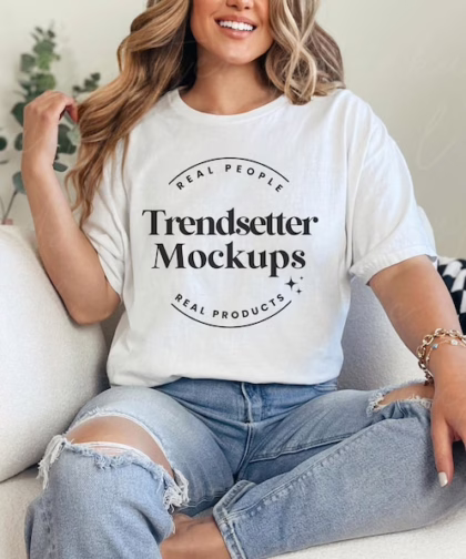 Gildan 5000 White Tshirt Mockup, G5000 White Shirt Mock-up, Oversized G500 Tee Mock, Real Person Model, Trendy Checkered Minimalist PNG