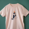 Orange Cat t-shirt | Hand screen printed illustration of a cat balancing oranges on misty pink organic cotton tee with navy and orange