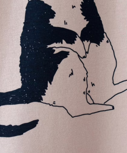 Orange Cat t-shirt | Hand screen printed illustration of a cat balancing oranges on misty pink organic cotton tee with navy and orange