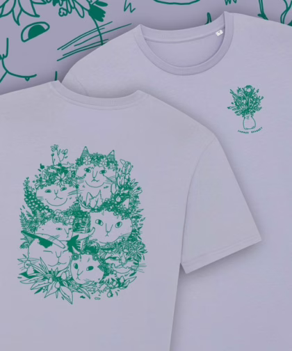Summer Bouquet T-Shirt | Hand screen printed illustration of 7 cats with flowercrowns and other plants in green on lilac organic cotton tee