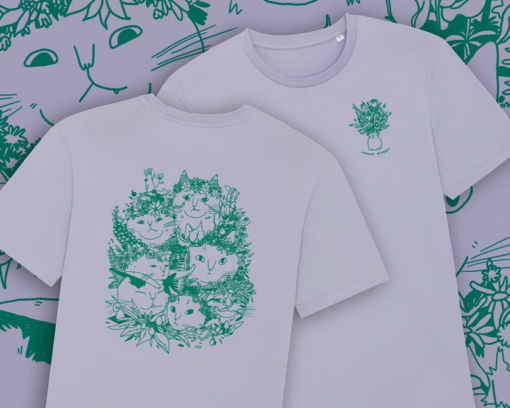 Summer Bouquet T-Shirt | Hand screen printed illustration of 7 cats with flowercrowns and other plants in green on lilac organic cotton tee