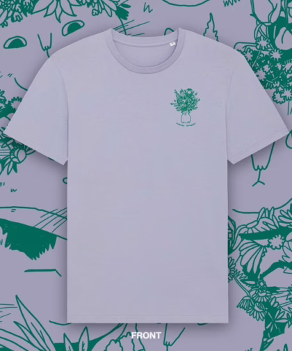 Summer Bouquet T-Shirt | Hand screen printed illustration of 7 cats with flowercrowns and other plants in green on lilac organic cotton tee