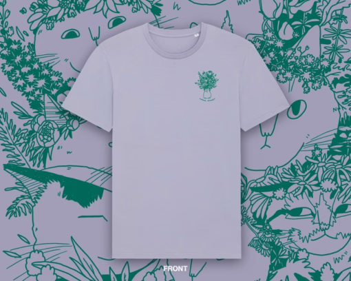 Summer Bouquet T-Shirt | Hand screen printed illustration of 7 cats with flowercrowns and other plants in green on lilac organic cotton tee