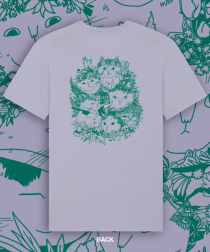 Summer Bouquet T-Shirt | Hand screen printed illustration of 7 cats with flowercrowns and other plants in green on lilac organic cotton tee
