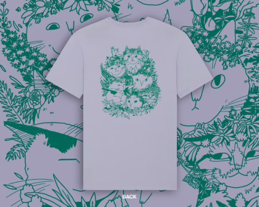 Summer Bouquet T-Shirt | Hand screen printed illustration of 7 cats with flowercrowns and other plants in green on lilac organic cotton tee
