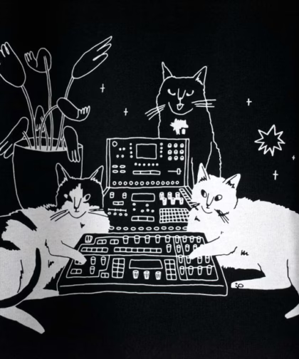 T-Shirt of Cats sitting on Synthesizer | Illustrated dj cats screen printed on black organic cotton t-shirt with water-based white ink