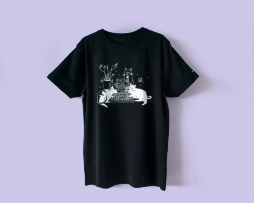 T-Shirt of Cats sitting on Synthesizer | Illustrated dj cats screen printed on black organic cotton t-shirt with water-based white ink