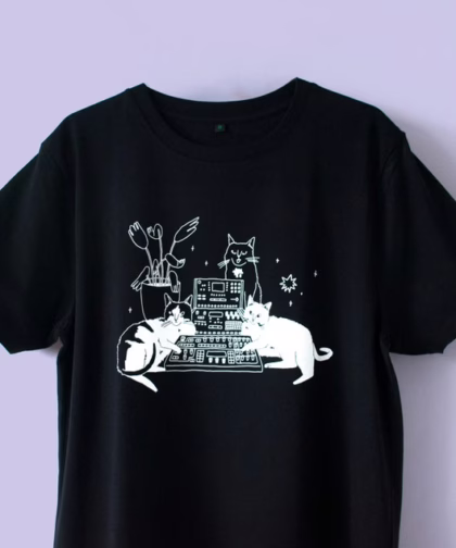 T-Shirt of Cats sitting on Synthesizer | Illustrated dj cats screen printed on black organic cotton t-shirt with water-based white ink