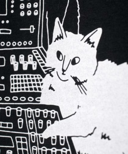 T-Shirt of Cats sitting on Synthesizer | Illustrated dj cats screen printed on black organic cotton t-shirt with water-based white ink