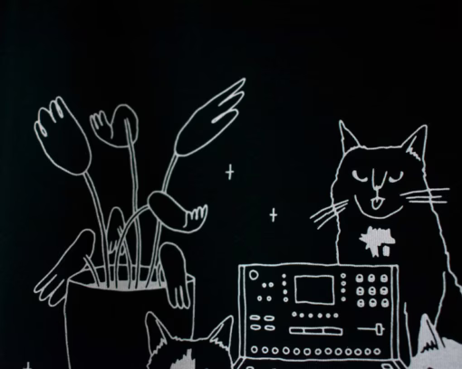 T-Shirt of Cats sitting on Synthesizer | Illustrated dj cats screen printed on black organic cotton t-shirt with water-based white ink