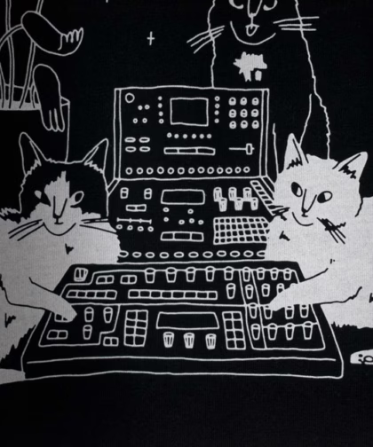 T-Shirt of Cats sitting on Synthesizer | Illustrated dj cats screen printed on black organic cotton t-shirt with water-based white ink